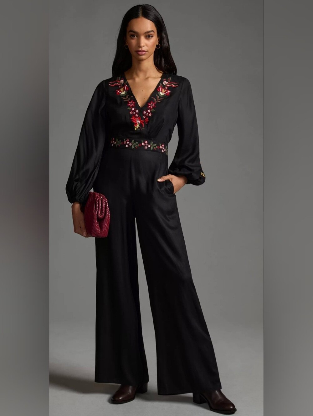 FARM Rio Black with Red and Green Floral Embroidery Jumpsuit XS Beautiful !!!